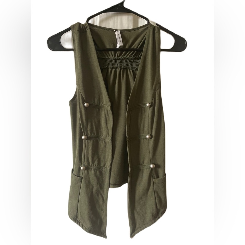Super cute army green vest with silver button detail by Discreet.